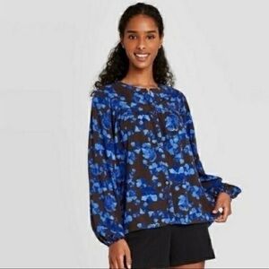 A New Day Cobalt Blue and Black Floral Peasant Blouse Balloon Sleeve Small